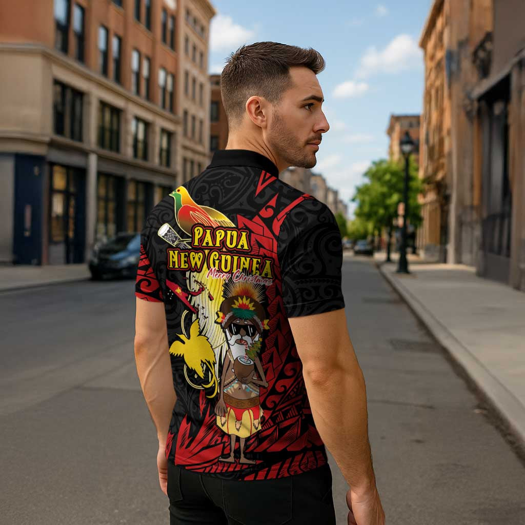 Papua New Guinea Christmas Zipper Polo Shirt Funny Melanesian Santa with Bird-of-paradise Tribal Style - Polynesian Pride