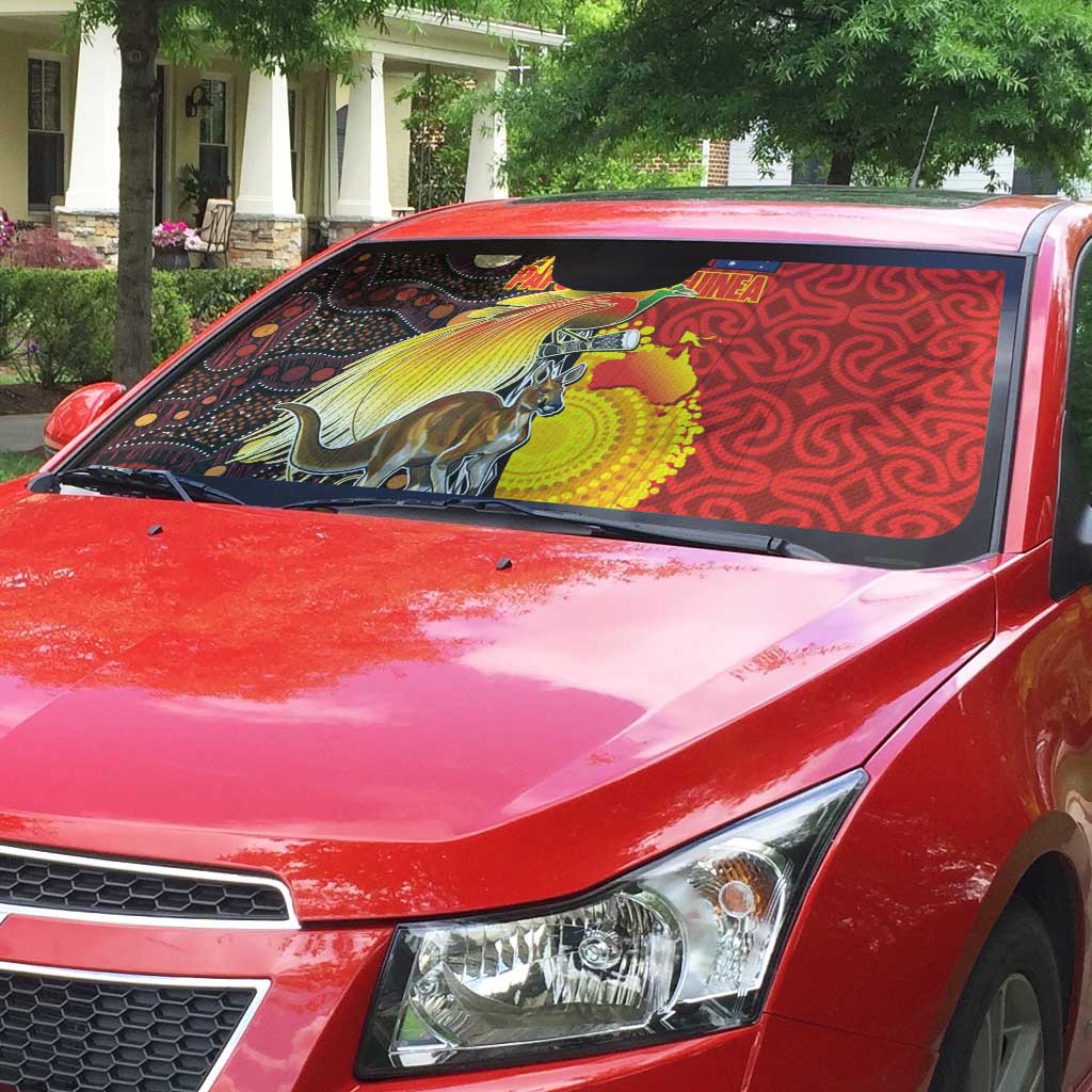 Australia and Papua New Guinea Together Auto Sun Shade Bird-of-paradise and Kangaroo with Oro Tapa and Aboriginal Art Motifs - Polynesian Pride