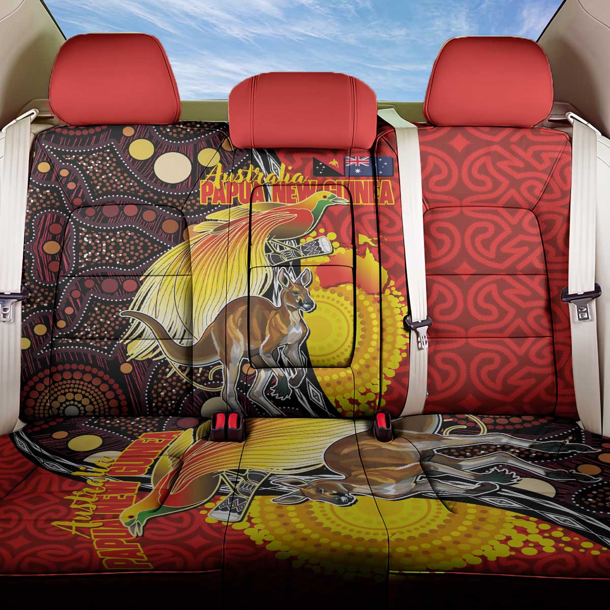 Australia and Papua New Guinea Together Back Car Seat Cover Bird-of-paradise and Kangaroo with Oro Tapa and Aboriginal Art Motifs LT03 One Size Black - Polynesian Pride