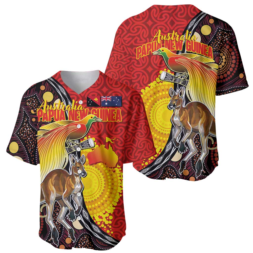 Australia and Papua New Guinea Together Baseball Jersey Bird-of-paradise and Kangaroo with Oro Tapa and Aboriginal Art Motifs - Polynesian Pride