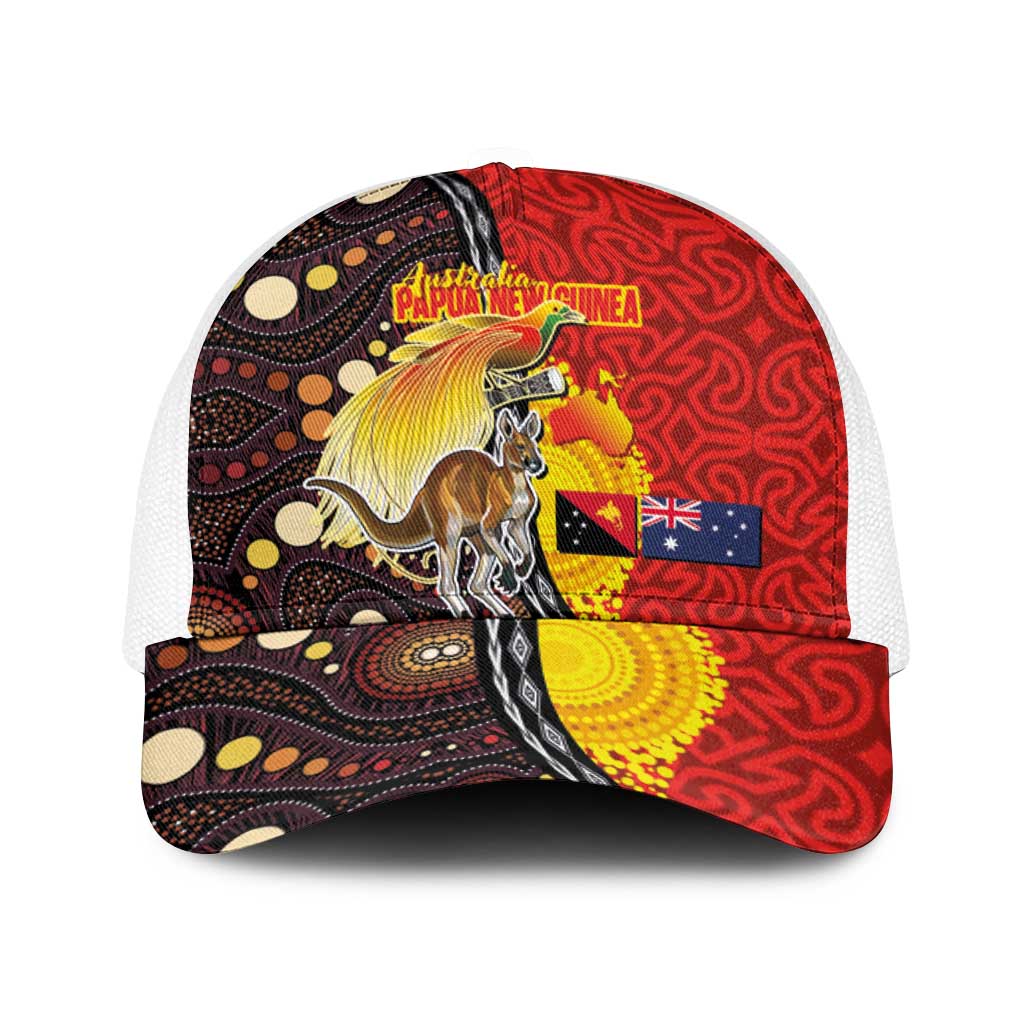 Australia and Papua New Guinea Together Baseball Net Cap Bird-of-paradise and Kangaroo with Oro Tapa and Aboriginal Art Motifs - Polynesian Pride