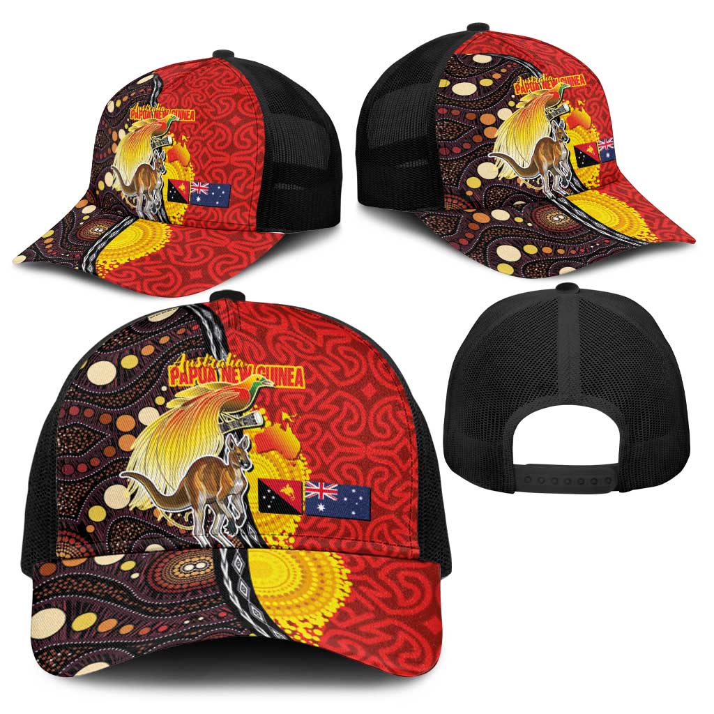 Australia and Papua New Guinea Together Baseball Net Cap Bird-of-paradise and Kangaroo with Oro Tapa and Aboriginal Art Motifs - Polynesian Pride