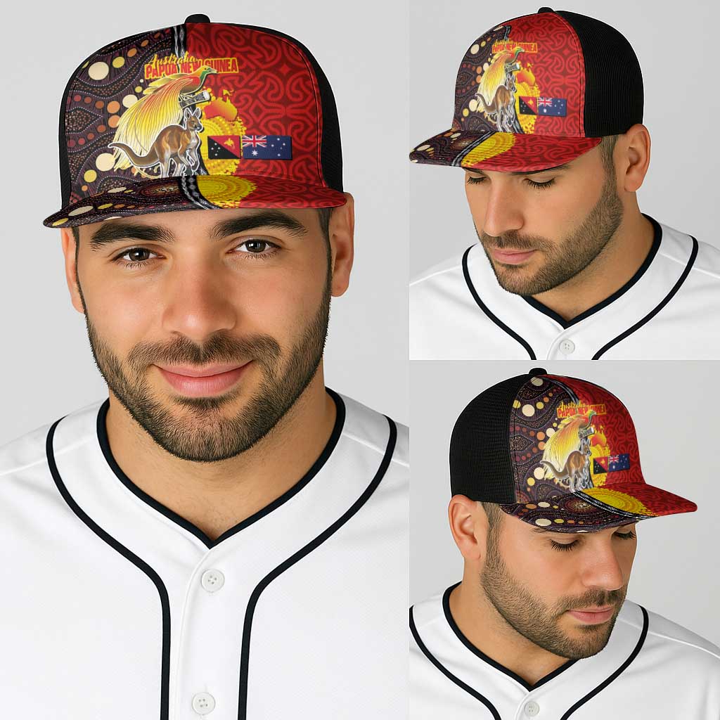 Australia and Papua New Guinea Together Baseball Net Cap Bird-of-paradise and Kangaroo with Oro Tapa and Aboriginal Art Motifs - Polynesian Pride
