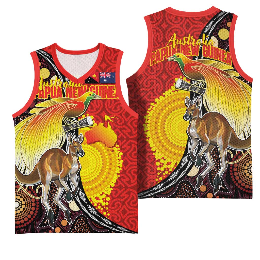 Australia and Papua New Guinea Together Basketball Jersey Bird-of-paradise and Kangaroo with Oro Tapa and Aboriginal Art Motifs - Polynesian Pride