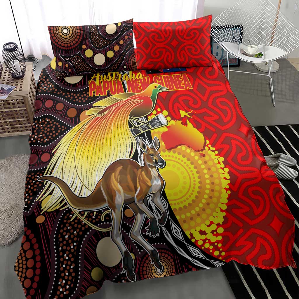 Australia and Papua New Guinea Together Bedding Set Bird-of-paradise and Kangaroo with Oro Tapa and Aboriginal Art Motifs - Polynesian Pride