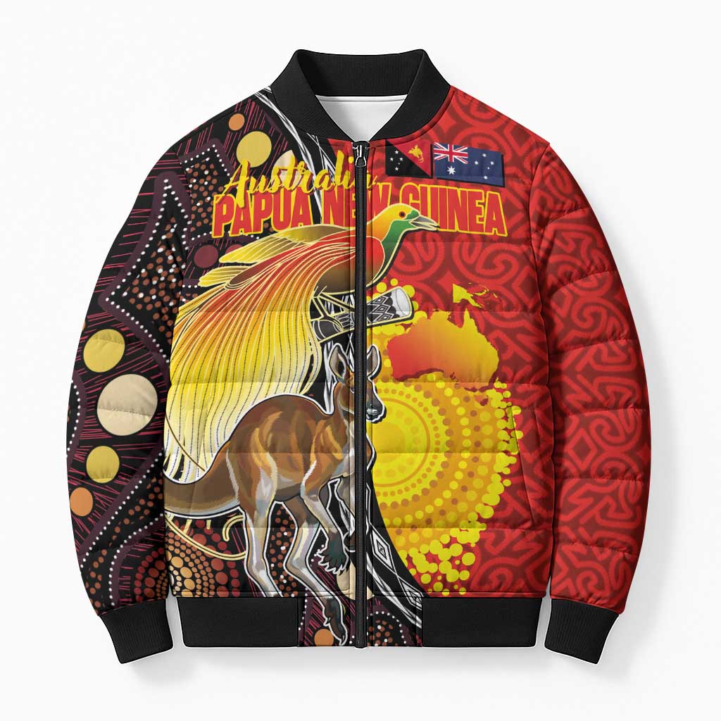Australia and Papua New Guinea Together Bomber Puffer Jacket Bird-of-paradise and Kangaroo with Oro Tapa and Aboriginal Art Motifs - Polynesian Pride