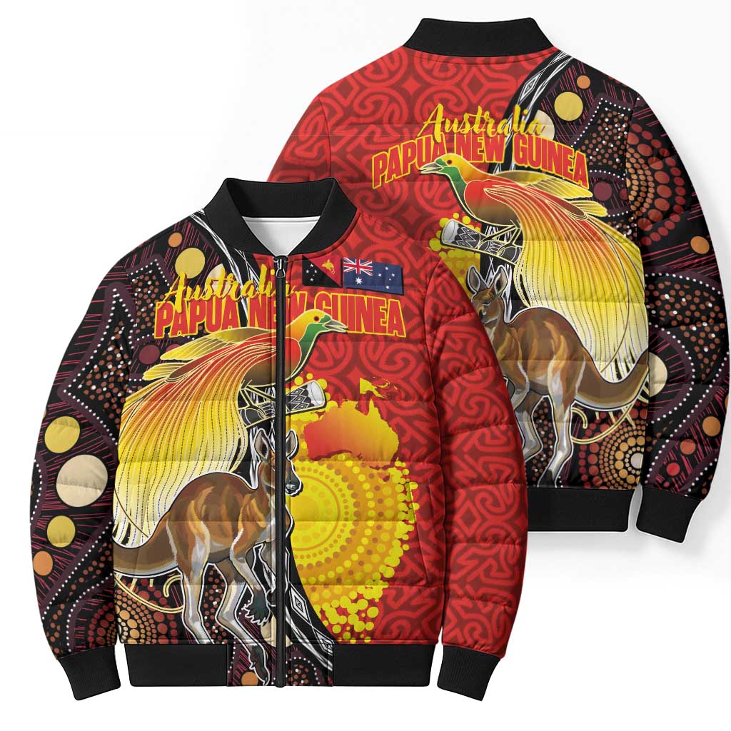 Australia and Papua New Guinea Together Bomber Puffer Jacket Bird-of-paradise and Kangaroo with Oro Tapa and Aboriginal Art Motifs - Polynesian Pride