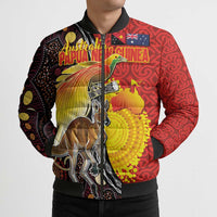 Australia and Papua New Guinea Together Bomber Puffer Jacket Bird-of-paradise and Kangaroo with Oro Tapa and Aboriginal Art Motifs - Polynesian Pride