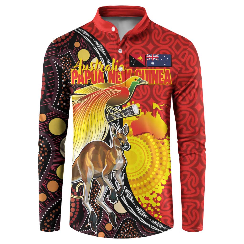 Australia and Papua New Guinea Together Button Sweatshirt Bird-of-paradise and Kangaroo with Oro Tapa and Aboriginal Art Motifs - Polynesian Pride