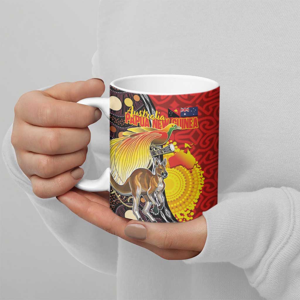 Australia and Papua New Guinea Together Ceramic Mug Bird-of-paradise and Kangaroo with Oro Tapa and Aboriginal Art Motifs - Polynesian Pride