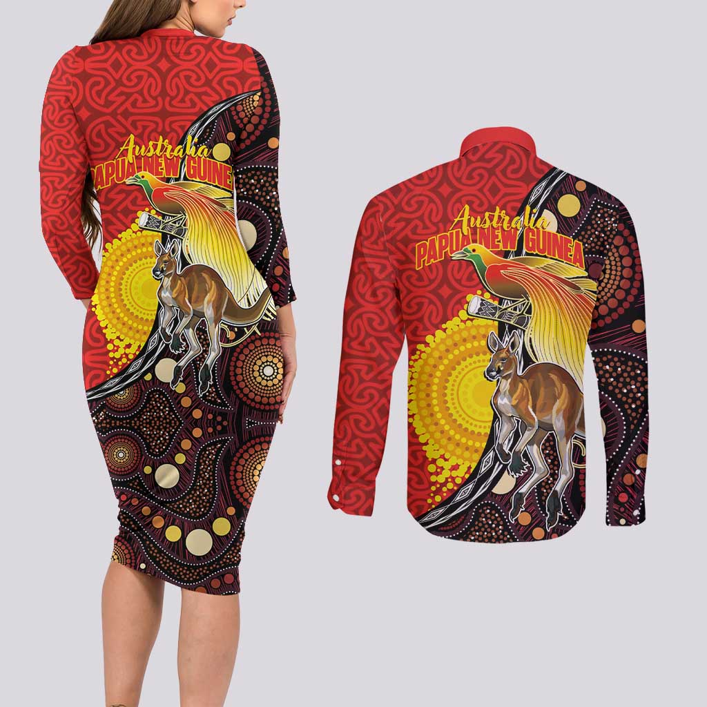 Australia and Papua New Guinea Together Couples Matching Long Sleeve Bodycon Dress and Long Sleeve Button Shirt Bird-of-paradise and Kangaroo with Oro Tapa and Aboriginal Art Motifs - Polynesian Pride