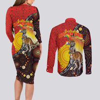 Australia and Papua New Guinea Together Couples Matching Long Sleeve Bodycon Dress and Long Sleeve Button Shirt Bird-of-paradise and Kangaroo with Oro Tapa and Aboriginal Art Motifs - Polynesian Pride