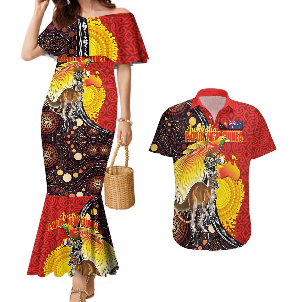 Australia and Papua New Guinea Together Couples Matching Mermaid Dress and Hawaiian Shirt Bird-of-paradise and Kangaroo with Oro Tapa and Aboriginal Art Motifs - Polynesian Pride