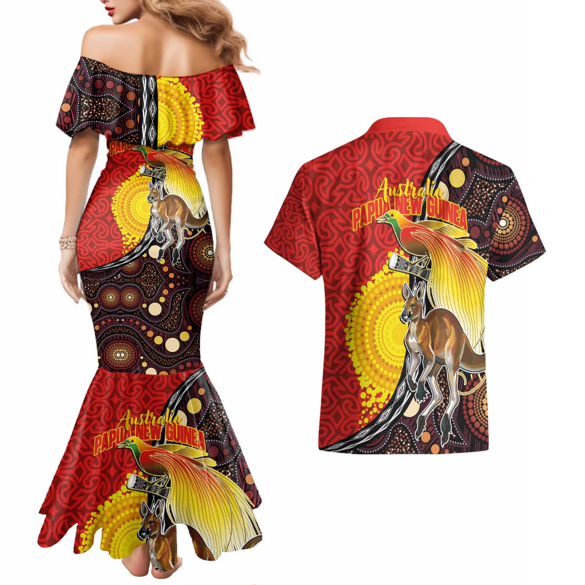 Australia and Papua New Guinea Together Couples Matching Mermaid Dress and Hawaiian Shirt Bird-of-paradise and Kangaroo with Oro Tapa and Aboriginal Art Motifs - Polynesian Pride