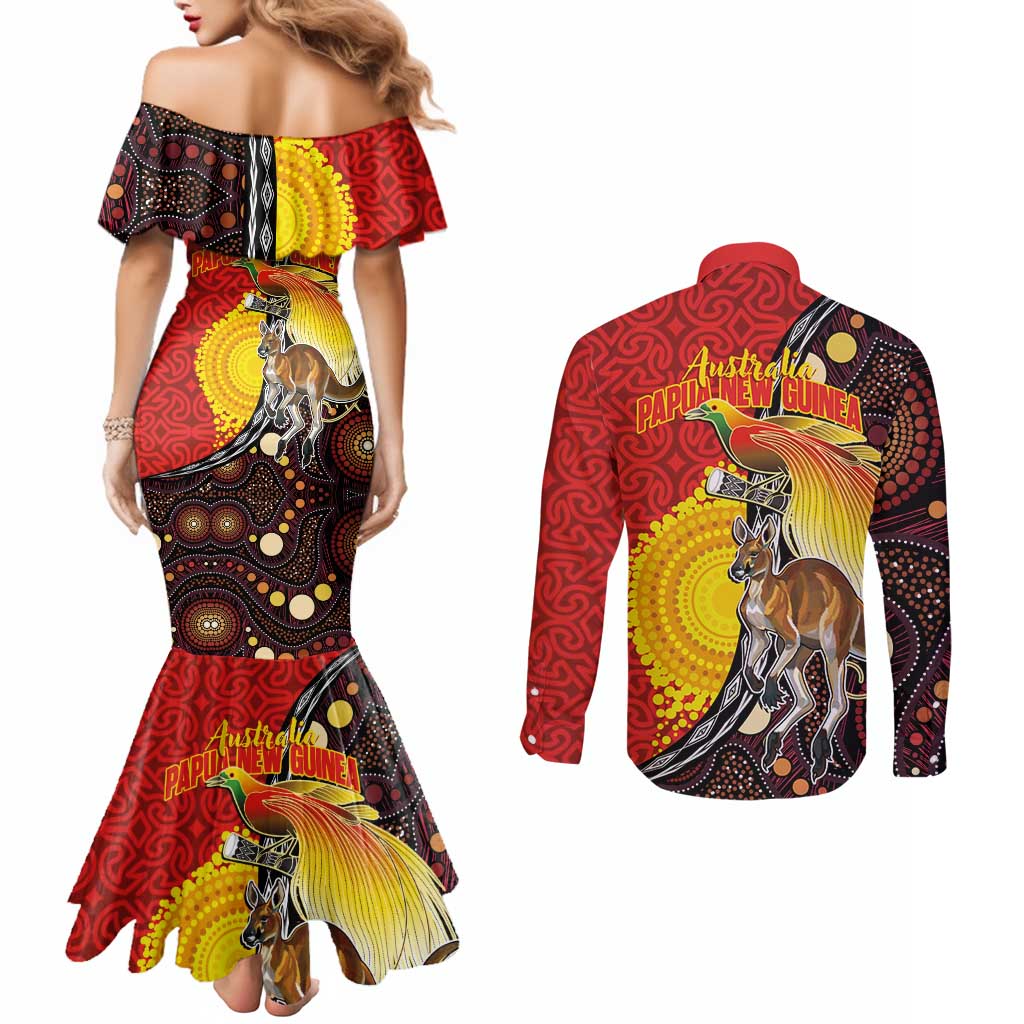 Australia and Papua New Guinea Together Couples Matching Mermaid Dress and Long Sleeve Button Shirt Bird-of-paradise and Kangaroo with Oro Tapa and Aboriginal Art Motifs - Polynesian Pride