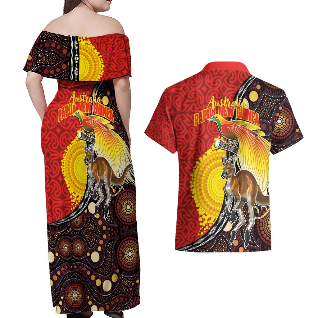 Australia and Papua New Guinea Together Couples Matching Off Shoulder Maxi Dress and Hawaiian Shirt Bird-of-paradise and Kangaroo with Oro Tapa and Aboriginal Art Motifs - Polynesian Pride