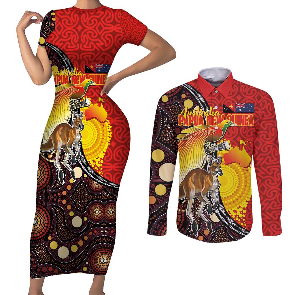 Australia and Papua New Guinea Together Couples Matching Short Sleeve Bodycon Dress and Long Sleeve Button Shirt Bird-of-paradise and Kangaroo with Oro Tapa and Aboriginal Art Motifs - Polynesian Pride