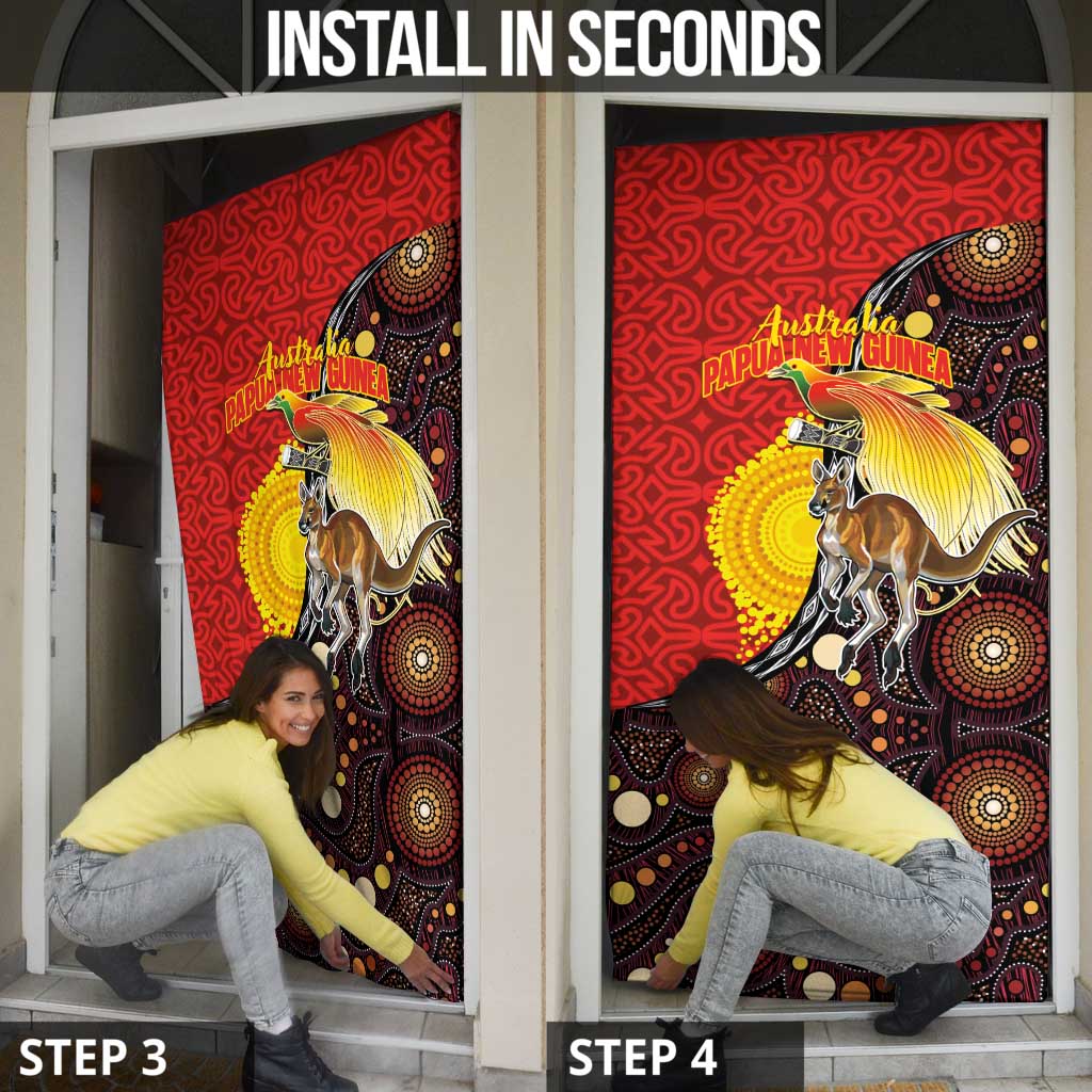 Australia and Papua New Guinea Together Door Cover Bird-of-paradise and Kangaroo with Oro Tapa and Aboriginal Art Motifs - Polynesian Pride