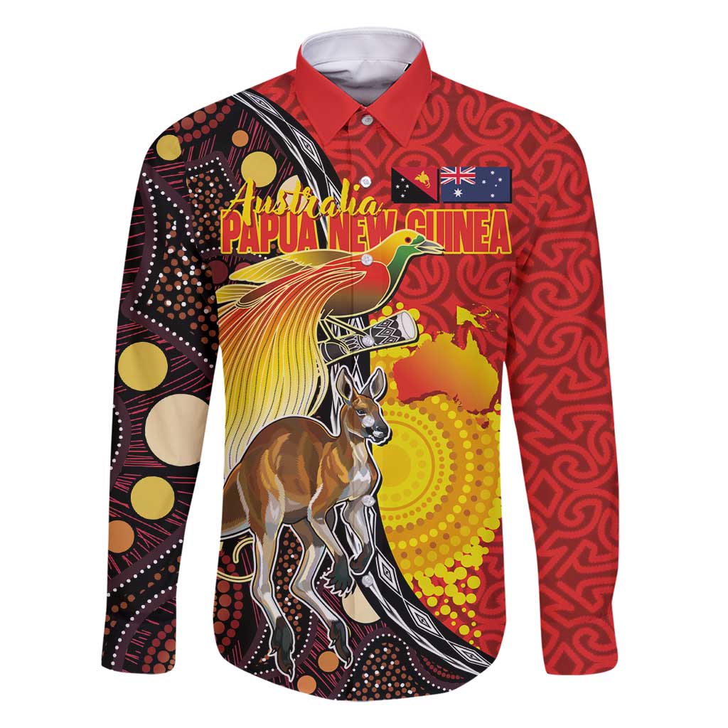 Australia and Papua New Guinea Together Family Matching Long Sleeve Bodycon Dress and Hawaiian Shirt Bird-of-paradise and Kangaroo with Oro Tapa and Aboriginal Art Motifs - Polynesian Pride