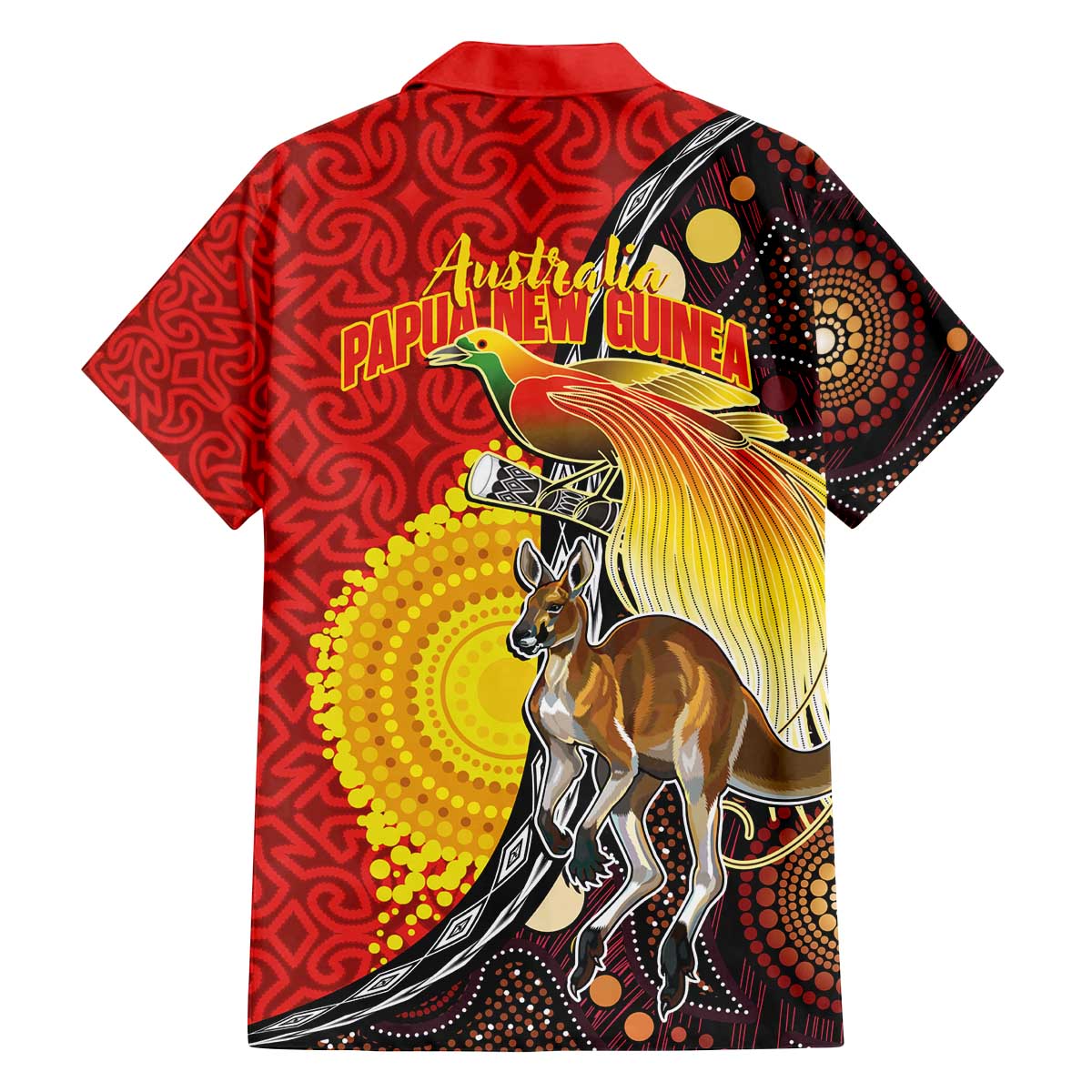 Australia and Papua New Guinea Together Family Matching Off The Shoulder Long Sleeve Dress and Hawaiian Shirt Bird-of-paradise and Kangaroo with Oro Tapa and Aboriginal Art Motifs - Polynesian Pride