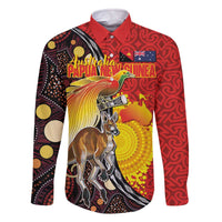 Australia and Papua New Guinea Together Family Matching Off The Shoulder Long Sleeve Dress and Hawaiian Shirt Bird-of-paradise and Kangaroo with Oro Tapa and Aboriginal Art Motifs - Polynesian Pride