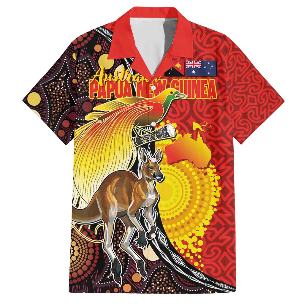 Australia and Papua New Guinea Together Family Matching Off Shoulder Maxi Dress and Hawaiian Shirt Bird-of-paradise and Kangaroo with Oro Tapa and Aboriginal Art Motifs - Polynesian Pride