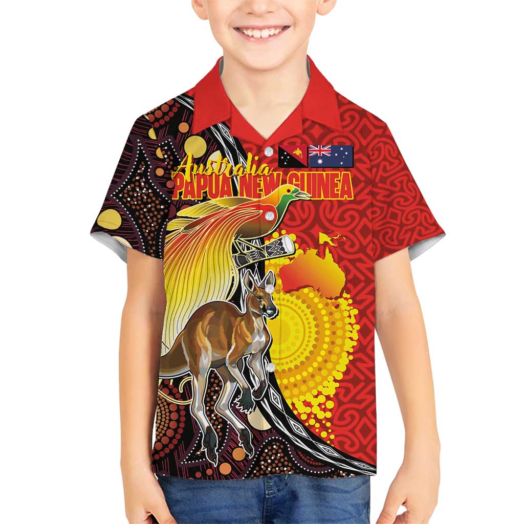 Australia and Papua New Guinea Together Family Matching Off Shoulder Short Dress and Hawaiian Shirt Bird-of-paradise and Kangaroo with Oro Tapa and Aboriginal Art Motifs - Polynesian Pride