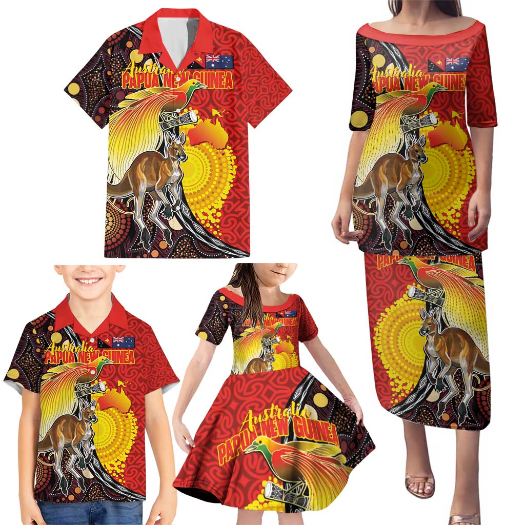Australia and Papua New Guinea Together Family Matching Puletasi and Hawaiian Shirt Bird-of-paradise and Kangaroo with Oro Tapa and Aboriginal Art Motifs - Polynesian Pride