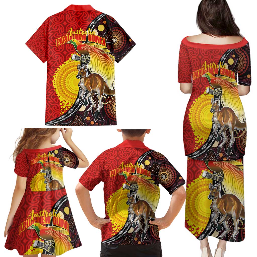 Australia and Papua New Guinea Together Family Matching Puletasi and Hawaiian Shirt Bird-of-paradise and Kangaroo with Oro Tapa and Aboriginal Art Motifs - Polynesian Pride
