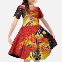 Australia and Papua New Guinea Together Family Matching Short Sleeve Bodycon Dress and Hawaiian Shirt Bird-of-paradise and Kangaroo with Oro Tapa and Aboriginal Art Motifs - Polynesian Pride