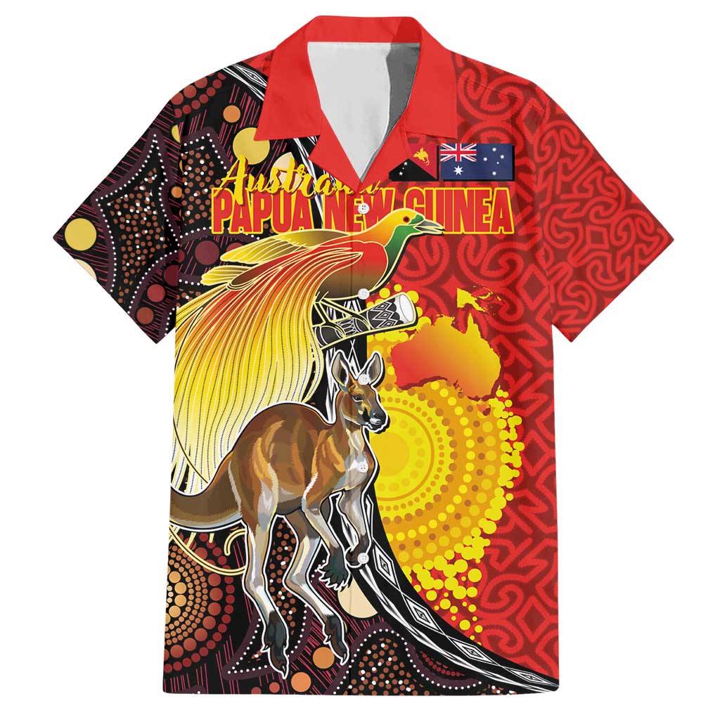 Australia and Papua New Guinea Together Hawaiian Shirt Bird-of-paradise and Kangaroo with Oro Tapa and Aboriginal Art Motifs - Polynesian Pride