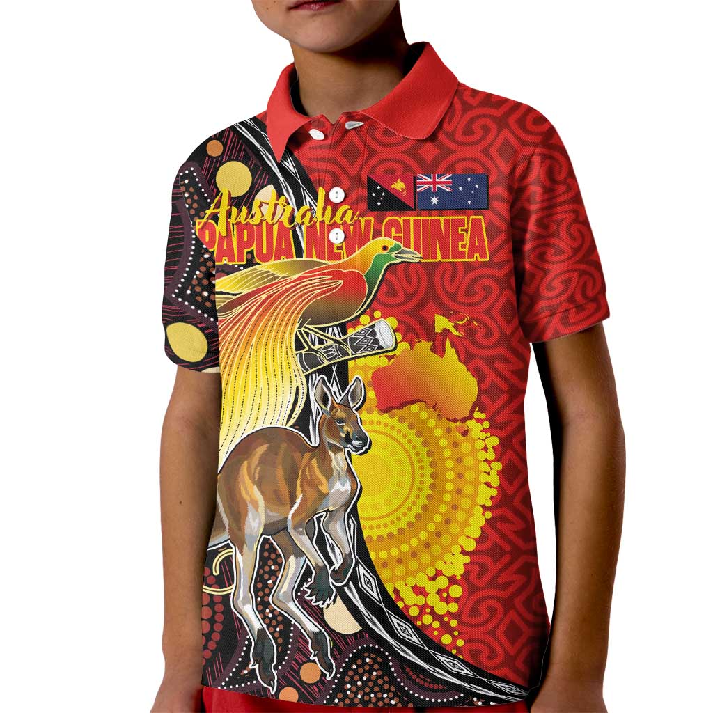 Australia and Papua New Guinea Together Kid Polo Shirt Bird-of-paradise and Kangaroo with Oro Tapa and Aboriginal Art Motifs - Polynesian Pride