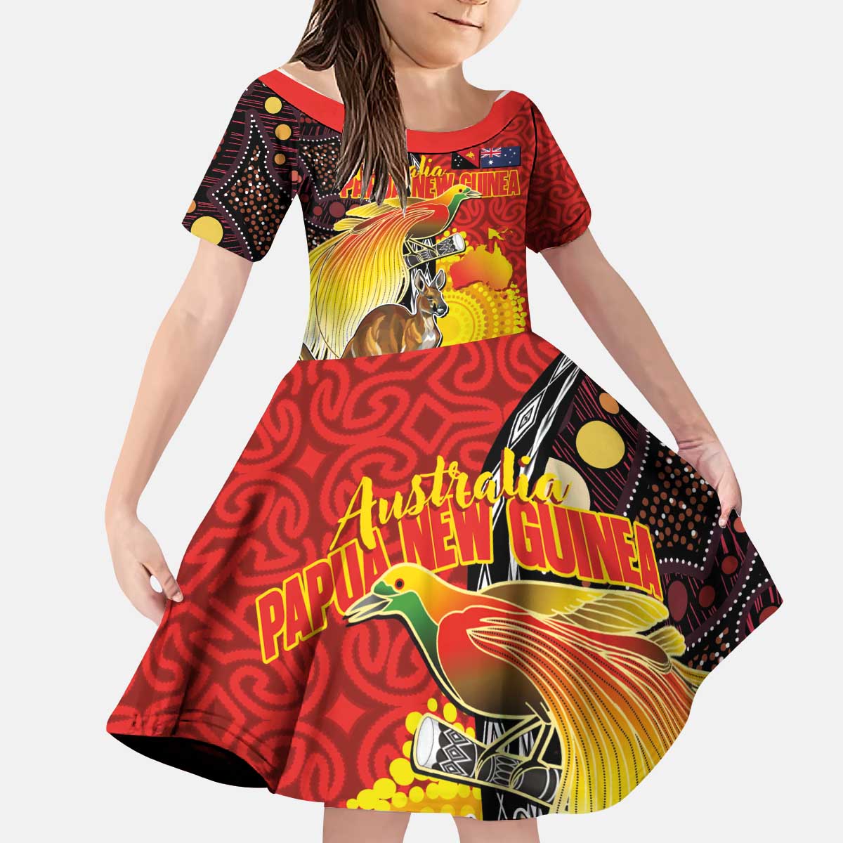 Australia and Papua New Guinea Together Kid Short Sleeve Dress Bird-of-paradise and Kangaroo with Oro Tapa and Aboriginal Art Motifs - Polynesian Pride