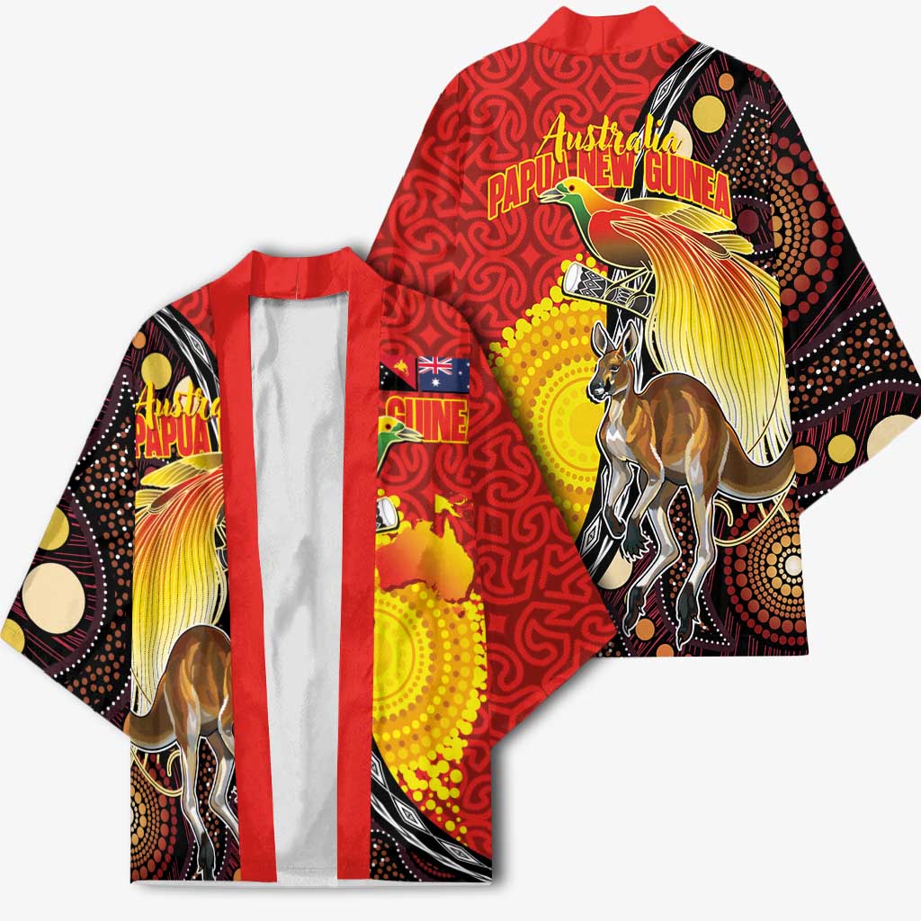 Australia and Papua New Guinea Together Kimono Bird-of-paradise and Kangaroo with Oro Tapa and Aboriginal Art Motifs - Polynesian Pride