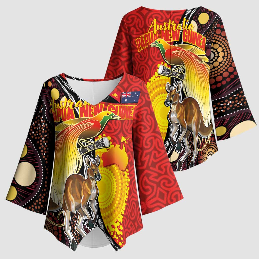 Australia and Papua New Guinea Together Kimono Sleeve Blouse Bird-of-paradise and Kangaroo with Oro Tapa and Aboriginal Art Motifs - Polynesian Pride