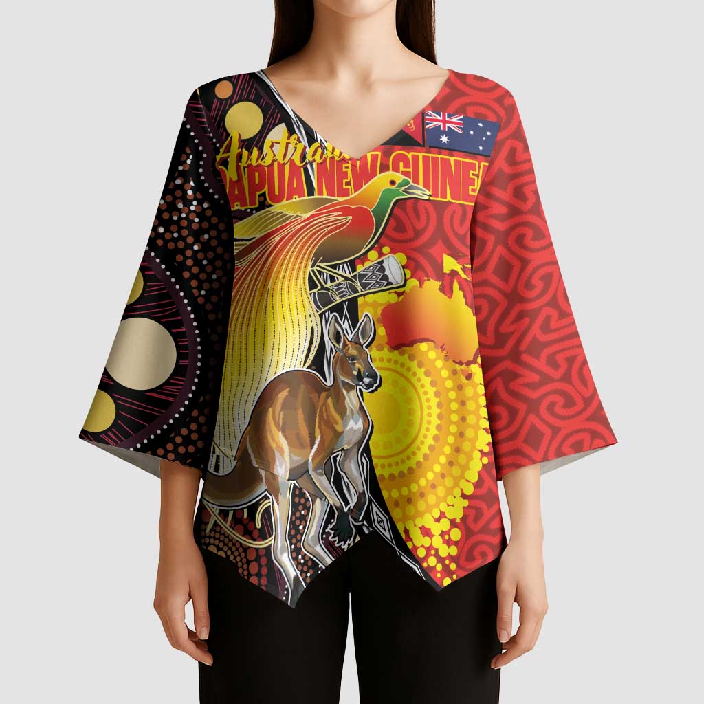 Australia and Papua New Guinea Together Kimono Sleeve Blouse Bird-of-paradise and Kangaroo with Oro Tapa and Aboriginal Art Motifs - Polynesian Pride