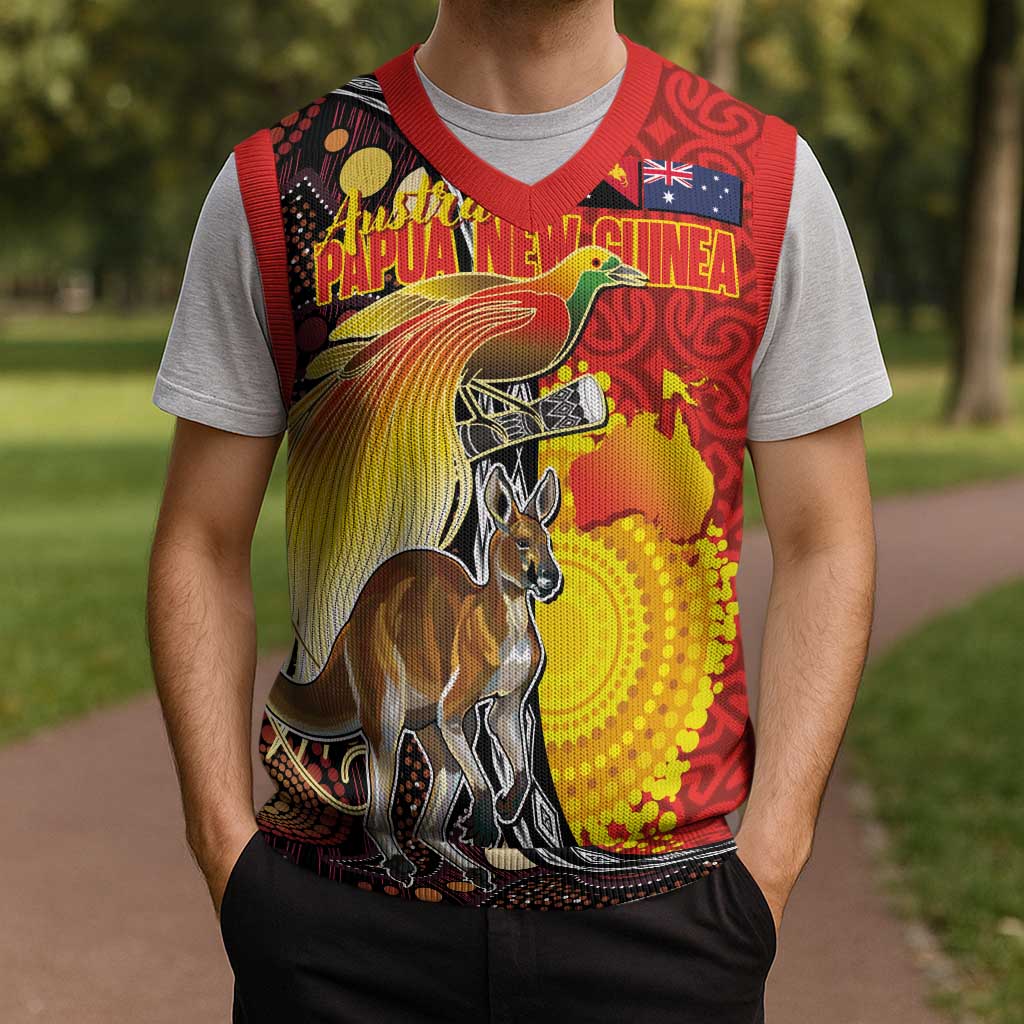 Australia and Papua New Guinea Together Christmas Knitted V-Neck Vest Bird-of-paradise and Kangaroo with Oro Tapa and Aboriginal Art Motifs LT03 - Polynesian Pride