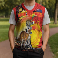Australia and Papua New Guinea Together Christmas Knitted V-Neck Vest Bird-of-paradise and Kangaroo with Oro Tapa and Aboriginal Art Motifs LT03 - Polynesian Pride