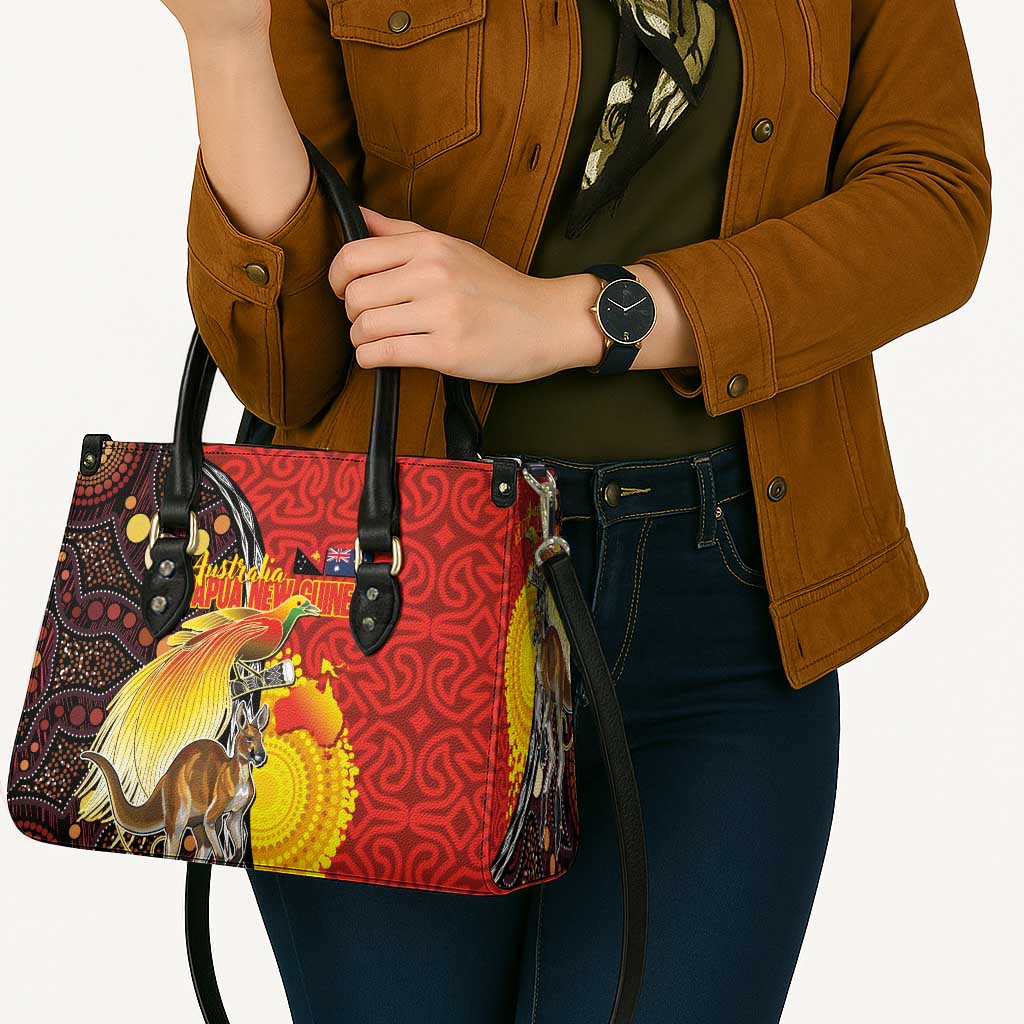 Australia and Papua New Guinea Together Leather Bag Bird-of-paradise and Kangaroo with Oro Tapa and Aboriginal Art Motifs - Polynesian Pride