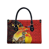 Australia and Papua New Guinea Together Leather Bag Bird-of-paradise and Kangaroo with Oro Tapa and Aboriginal Art Motifs - Polynesian Pride