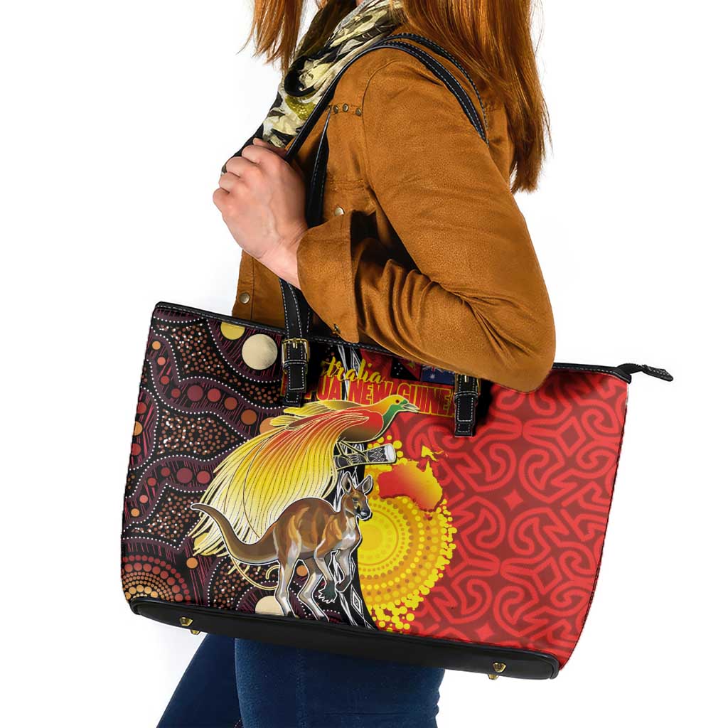 Australia and Papua New Guinea Together Leather Tote Bag Bird-of-paradise and Kangaroo with Oro Tapa and Aboriginal Art Motifs - Polynesian Pride