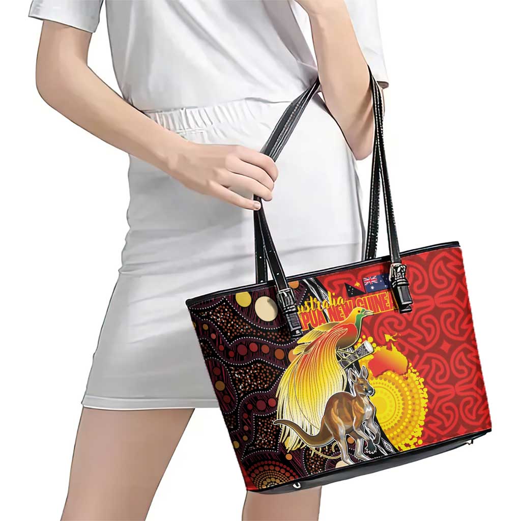 Australia and Papua New Guinea Together Leather Tote Bag Bird-of-paradise and Kangaroo with Oro Tapa and Aboriginal Art Motifs - Polynesian Pride