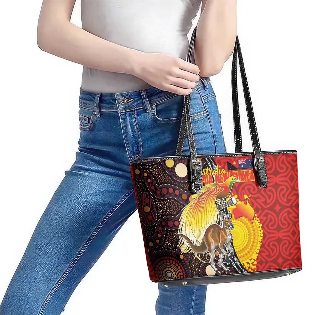 Australia and Papua New Guinea Together Leather Tote Bag Bird-of-paradise and Kangaroo with Oro Tapa and Aboriginal Art Motifs - Polynesian Pride