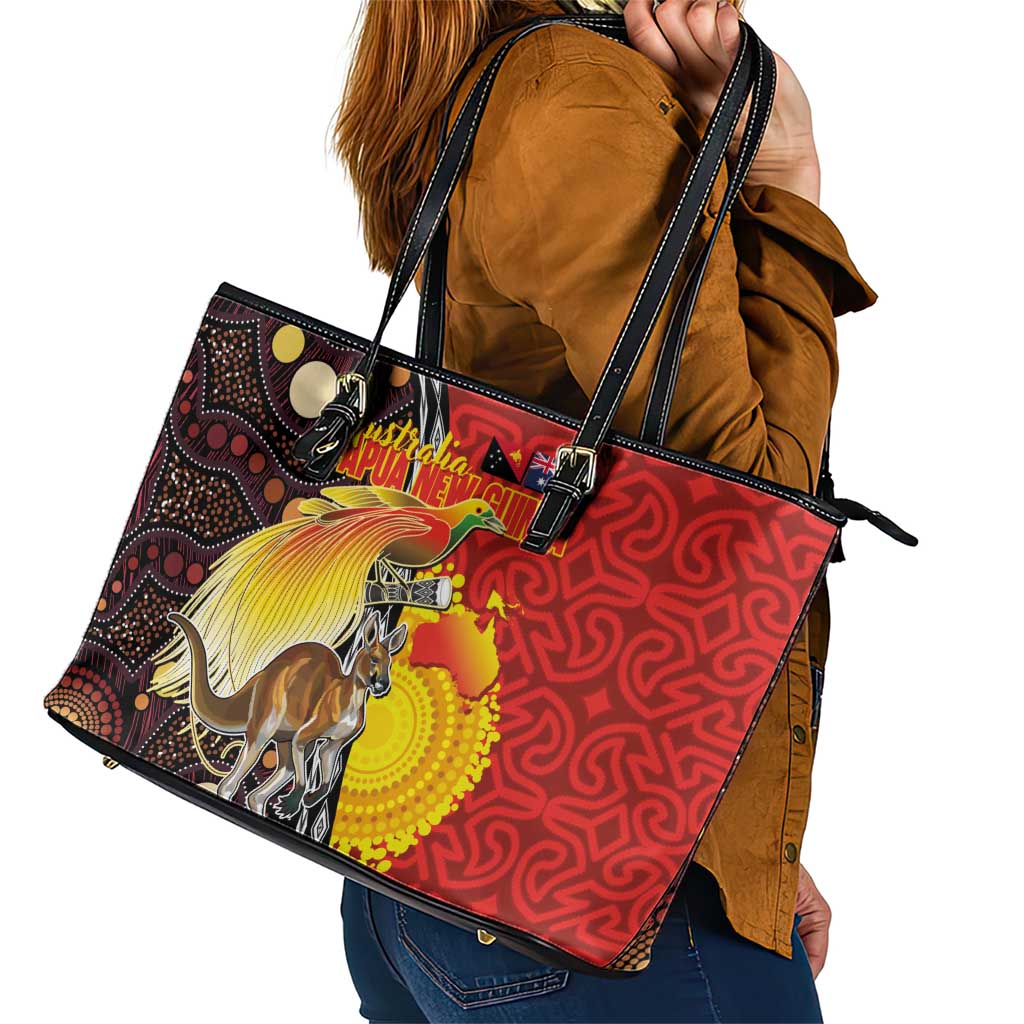 Australia and Papua New Guinea Together Leather Tote Bag Bird-of-paradise and Kangaroo with Oro Tapa and Aboriginal Art Motifs - Polynesian Pride