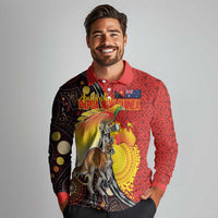 Australia and Papua New Guinea Together Long Sleeve Polo Shirt Bird-of-paradise and Kangaroo with Oro Tapa and Aboriginal Art Motifs - Polynesian Pride
