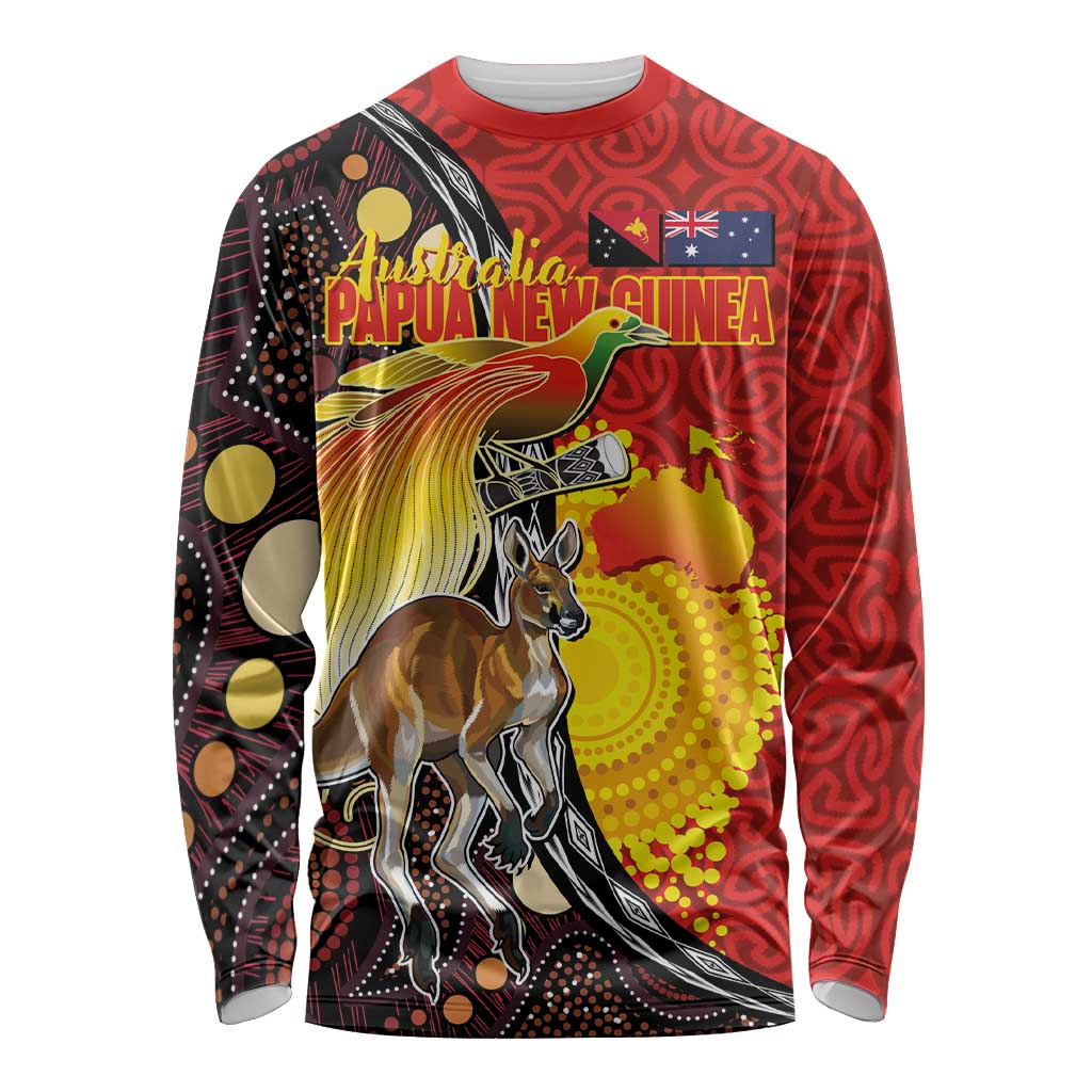 Australia and Papua New Guinea Together Long Sleeve Shirt Bird-of-paradise and Kangaroo with Oro Tapa and Aboriginal Art Motifs - Polynesian Pride
