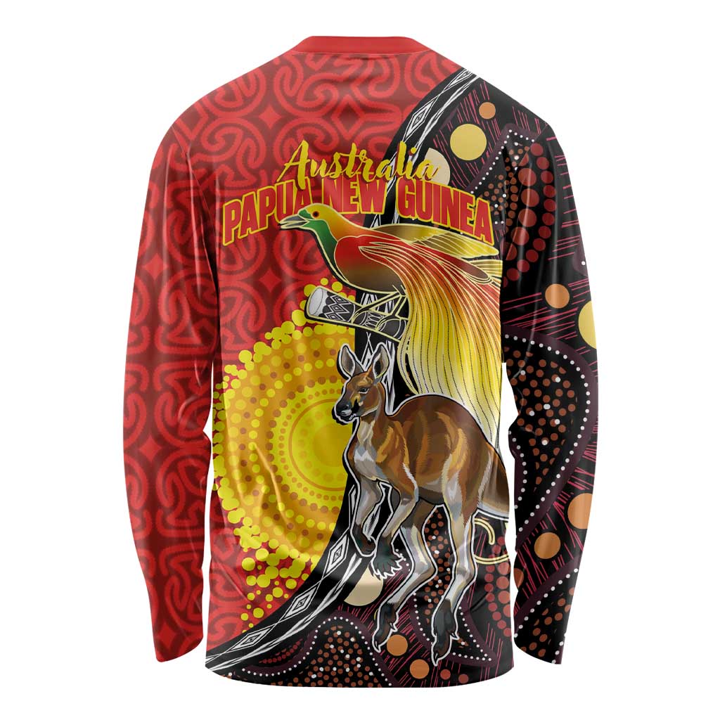 Australia and Papua New Guinea Together Long Sleeve Shirt Bird-of-paradise and Kangaroo with Oro Tapa and Aboriginal Art Motifs - Polynesian Pride