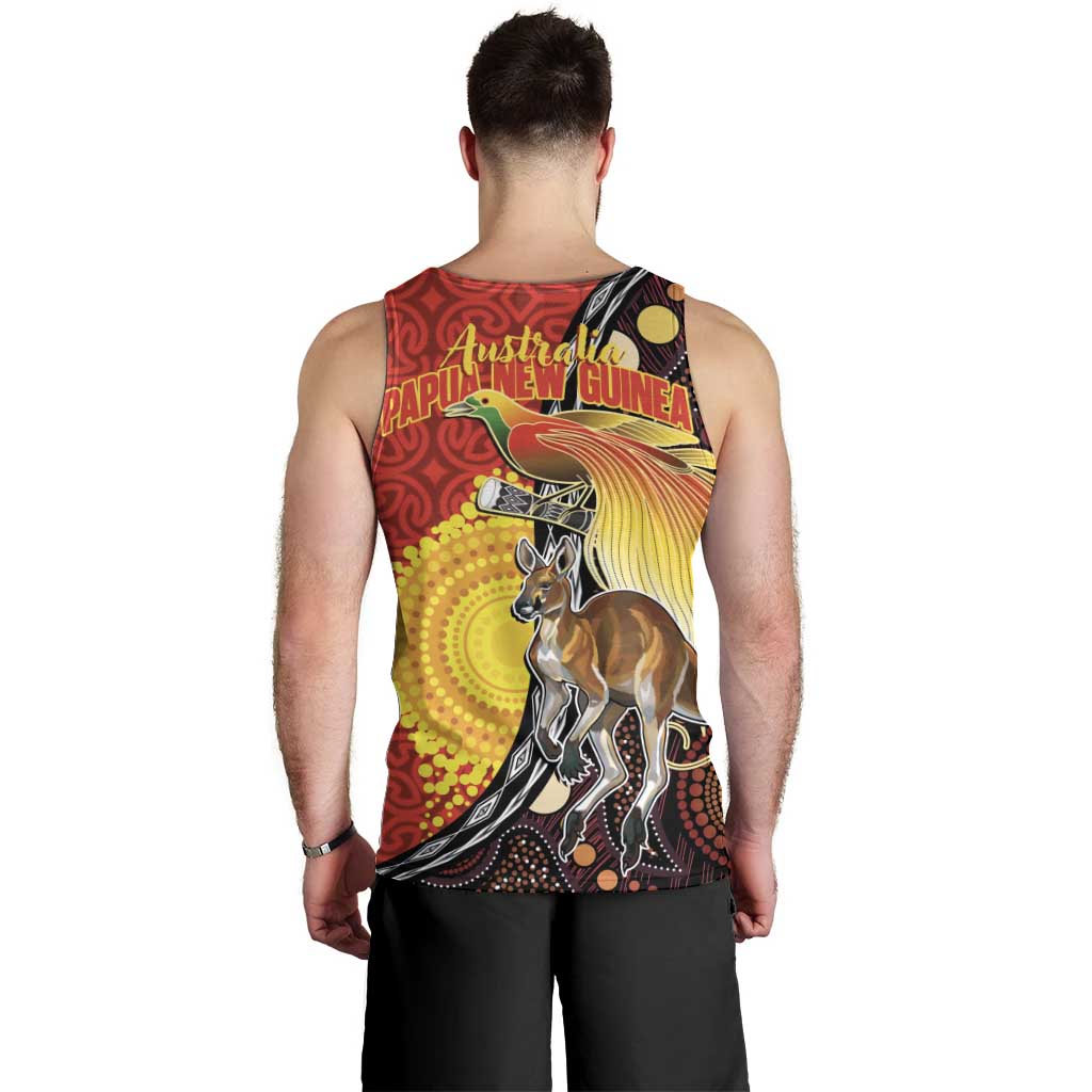 Australia and Papua New Guinea Together Men Tank Top Bird-of-paradise and Kangaroo with Oro Tapa and Aboriginal Art Motifs - Polynesian Pride