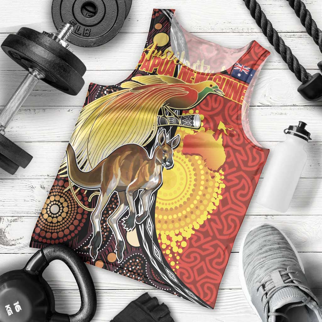 Australia and Papua New Guinea Together Men Tank Top Bird-of-paradise and Kangaroo with Oro Tapa and Aboriginal Art Motifs - Polynesian Pride