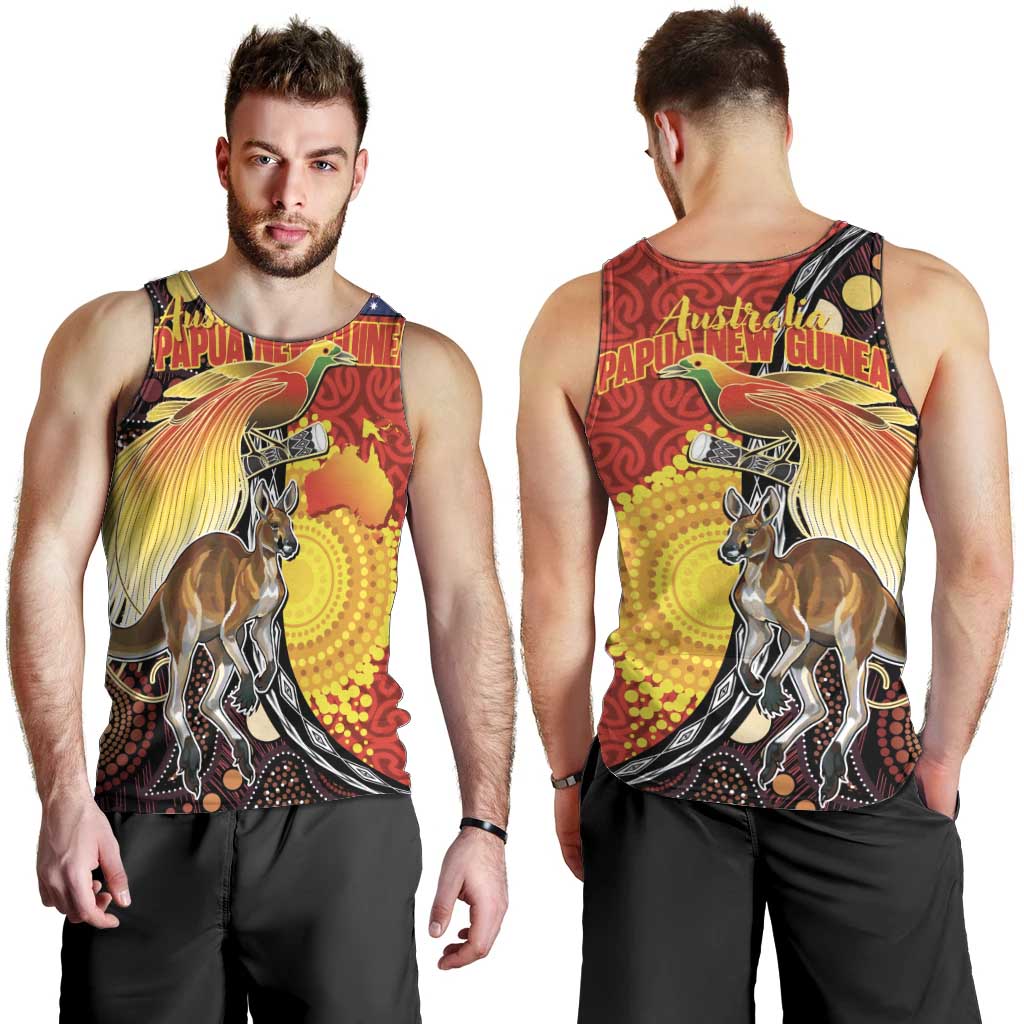 Australia and Papua New Guinea Together Men Tank Top Bird-of-paradise and Kangaroo with Oro Tapa and Aboriginal Art Motifs - Polynesian Pride